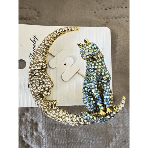 Crystal Cat On The Moon Brooch Blue Crystal Pin‎ Vintage Style NWT - Picture 5 of 6